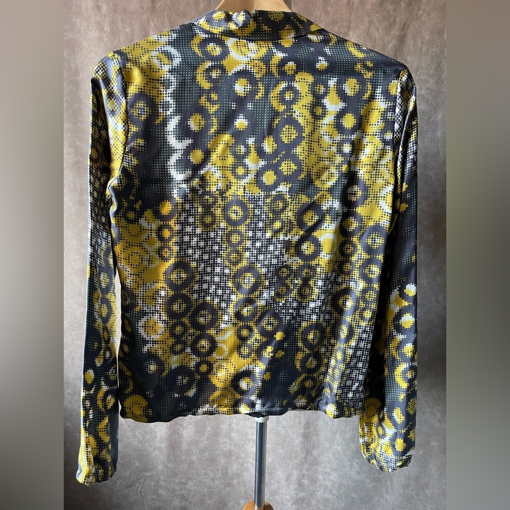 Sisley 100% Silk Graphic Blouse | Yellow Black Abstract Print Button Down Top S - Picture 4 of 5